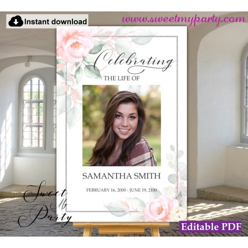 Blush Funeral Welcome Sign,Floral Funeral Welcome Poster, (160F)